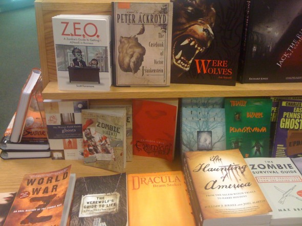 The seasonal shelf at Barnes & Noble.  Lots of zombies, several vampires, a couple of ghosts, a Frankenstein, and two of Shechner's lame werewolves.  Where my Mummies at?