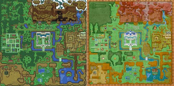 Overworld maps from A Link to the Past (left) and A Link Between Worlds (right)
