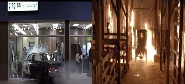  The decision to have the barn be on fire is an easy way of raising the stakes in the remake, as is the choice to add an exploding police wagon (yes, another car) to the scene.