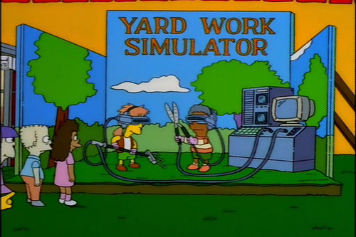 Still from The Simpsons: two children play "Yard Work Simulator"