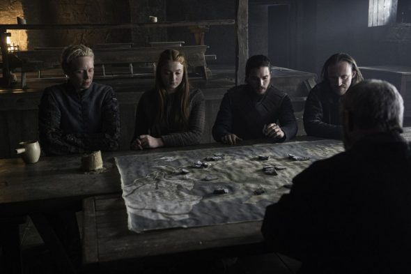 Brienne, Sansa Stark, Jon Snow, Dolorous Edd, and Ser Davos in Game of Thrones Season 6 Episode 5, "The Door"