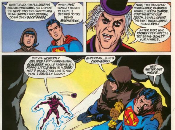 Above: A scene from “Whatever Happened to the Man of Tomorrow?” by Alan Moore and Curt Swan. The well-balanced Mr. Mxyzptlk explains how to keep from being bored during an immortal life. 