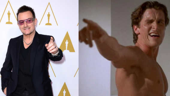 Bono and Christian Bale in loosely similar poses.