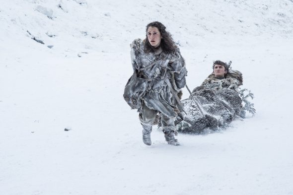 Meera Reed and Brandon Stark in Game Thrones, Season 7 Episode 1, "Dragonstone."