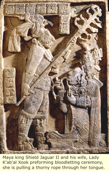 Mayan bas relief of Shield Jaguar II and Lady K'ab'al Xook performing a bloodletting ceremony.